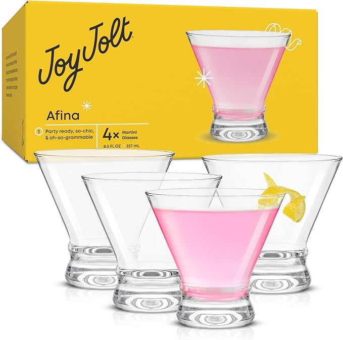 JoyJolt Afina Stemless Martini Glasses Set of 4, 8.5oz Liquor Drinking Glasses for Cocktail and Margarita, Bar Glass Cups, Glass Dessert Cups