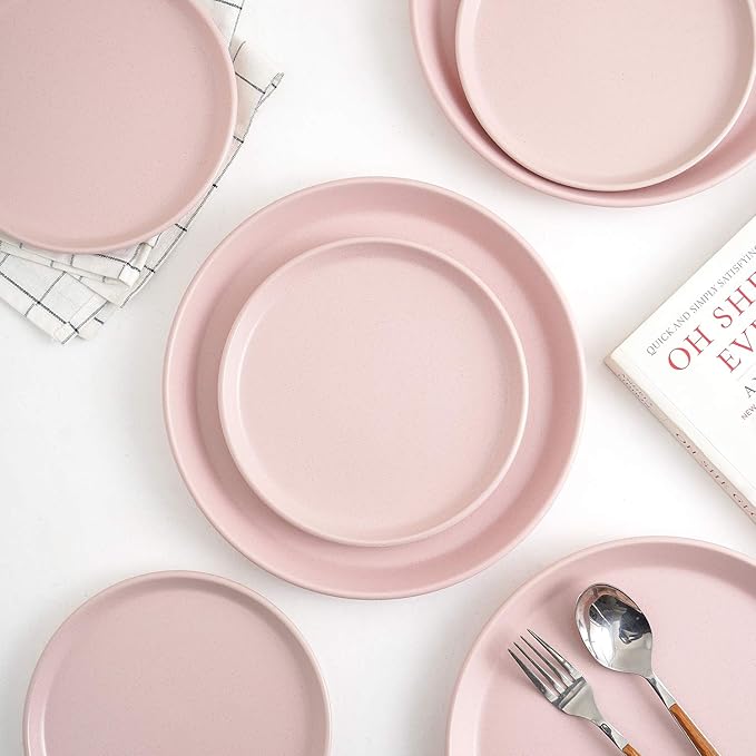 Stone Lain Albie Stoneware 16-Piece Modern Dinnerware Set, Kitchen Plates and Bowls Sets, Service for 4, Pink, Microwave & Dishwasher Safe