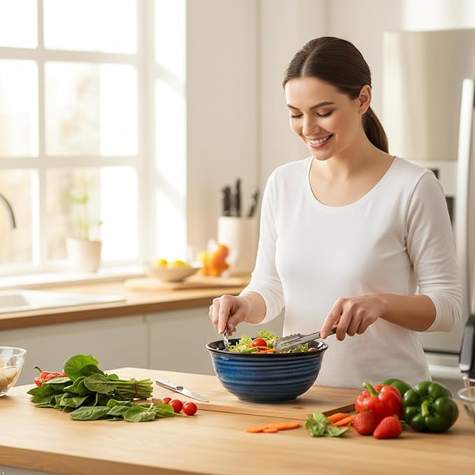 Serving Bowls, 60oz Ceramic Mixing Bowls Set of 2 for Baking Cooking Kitchen Party, 8.4 inch Large Durable Bowls for Soup Salad Ramen Pho Fruit Cereal Popcorn, Microwave & Dishwasher Safe, Blue