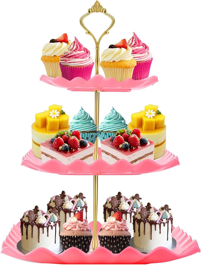 DAFURIET Dessert Cupcake Stand, 3 Tier Cup Cake Holder Tower for Tea Party/Birthday/Wedding, Plastic Tiered Serving Tray with Metal Rod, Pink