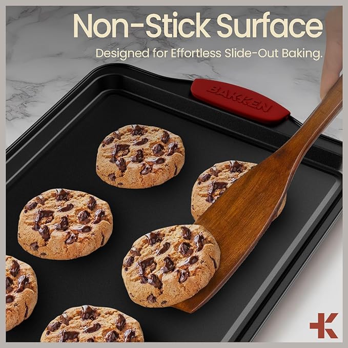 BAKKEN Kitchen Baking Pans - Medium (15.15 × 10.03") and Large (17.1 x 11.8") Nonstick Sheets, Carbon Steel Cookie Sheets with Red Silicone Handles, PFOA, PFOS, PTFE Free, Oven Safe (450°F), Set of 2
