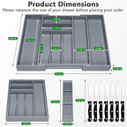 9-Piece Bamboo Kitchen Drawer Organizer Set, Expandable Silverware &Utensil Organizer with Removable Knife Block & Steak Knives, Flatware Organization, Tableware Dividers Storage(Gray)