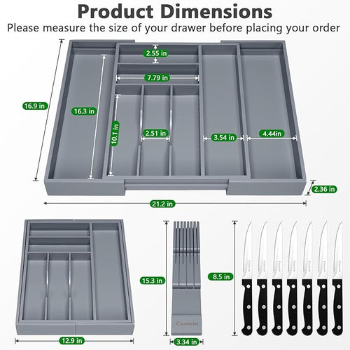 9-Piece Bamboo Kitchen Drawer Organizer Set, Expandable Silverware &Utensil Organizer with Removable Knife Block & Steak Knives, Flatware Organization, Tableware Dividers Storage(Gray)