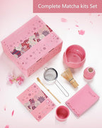 ZENS 7pcs Matcha Set, Matcha Whisk Set Includes Pink Bowl and Cup for Bamboo Whisk, (Chasen Holder), Scoop, 304 Sifter and Tea Mat, Pink Matcha Kit for Matcha Lovers