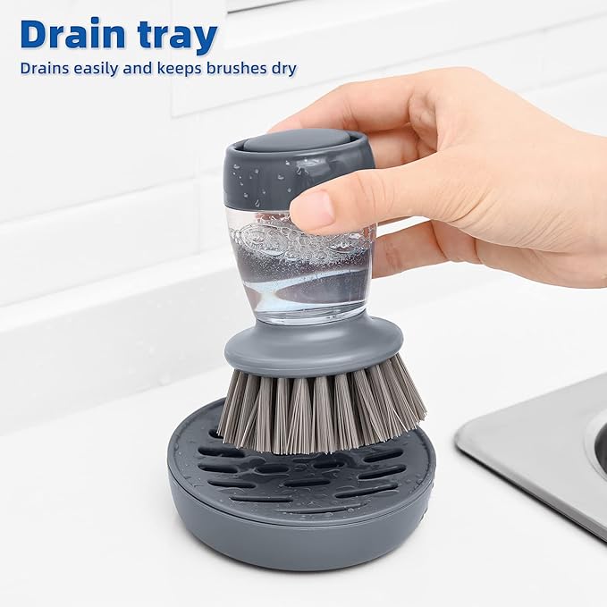Dish Brush with Soap Dispenser, Kitchen Dish Scrubbers Set with Draining Tray for Washing Dishes/Pots, Grey, Set of 2