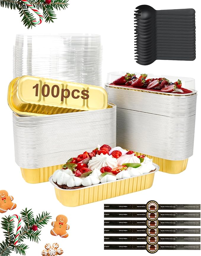 100 Pack Mini Loaf Pans with Lids, Spoons & Stickers – Disposable Aluminum Foil Baking Cake Containers for Oven, Air Fryer & Freezer – Ideal for Cakes, Bread, Pudding, Parties & Gifting, Gold