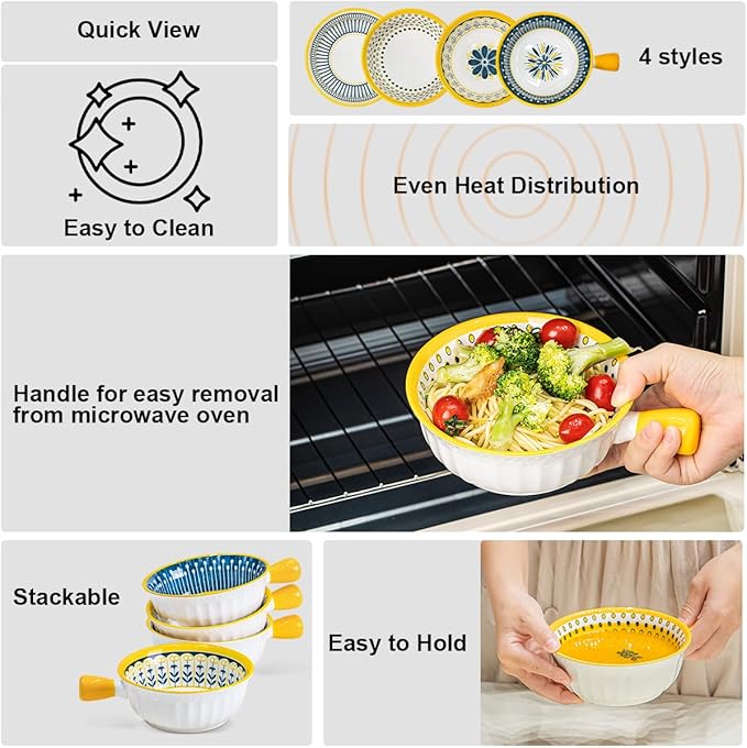 Yeacccng Bohemian French Onion Soup Bowls Set of 4-23 Oz Ceramic Soup Bowls with Handle, 6 Inch Soup Bowl for Kitchen, Oven/Microwave Safe, Lead-Free,Scratch-Resistant