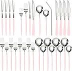 Astercook Silverware Set with Steak Knives 24-Piece Flatware Set for 4 Food-Grade Stainless Steel Pink Cutlery Set Mirror Polished Utensils Set Include Spoons and Forks for Home Kitchen Restaurant