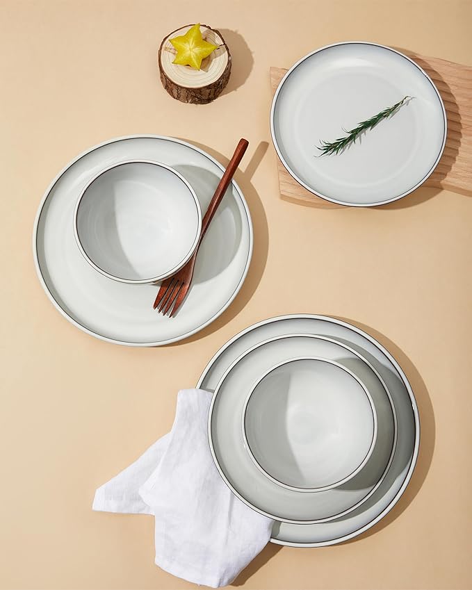 Pokini Santorini Mist Terracotta Reactive Glaze Plates and Bowls Sets, Stoneware Dinnerware Sets, Microwave and Dishwasher Safe Ceramic Dish Set Service for 4, Moonstone White