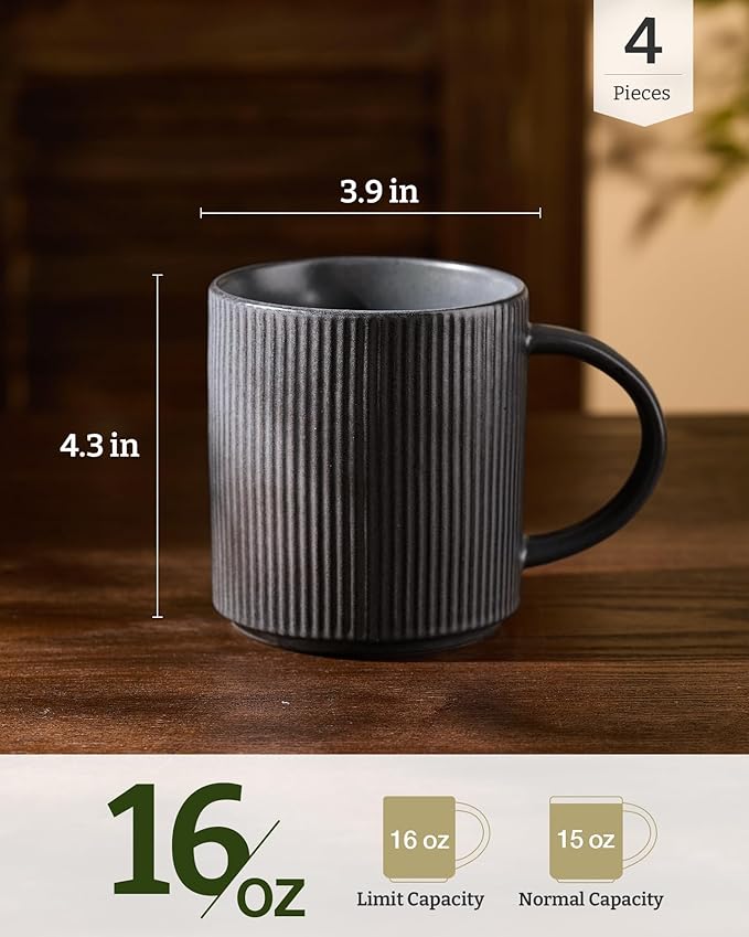 famiware Coffee Mug Set for 4, Star 16 oz Catering Mugs Cup Set with Handle for Coffee, Tea, Cocoa, Milk - Ceramic Stoneware Drinkware Set, Matte White + Matte Black