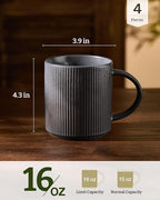 famiware Coffee Mug Set for 4, Star 16 oz Catering Mugs Cup Set with Handle for Coffee, Tea, Cocoa, Milk - Ceramic Stoneware Drinkware Set, Matte White + Matte Black