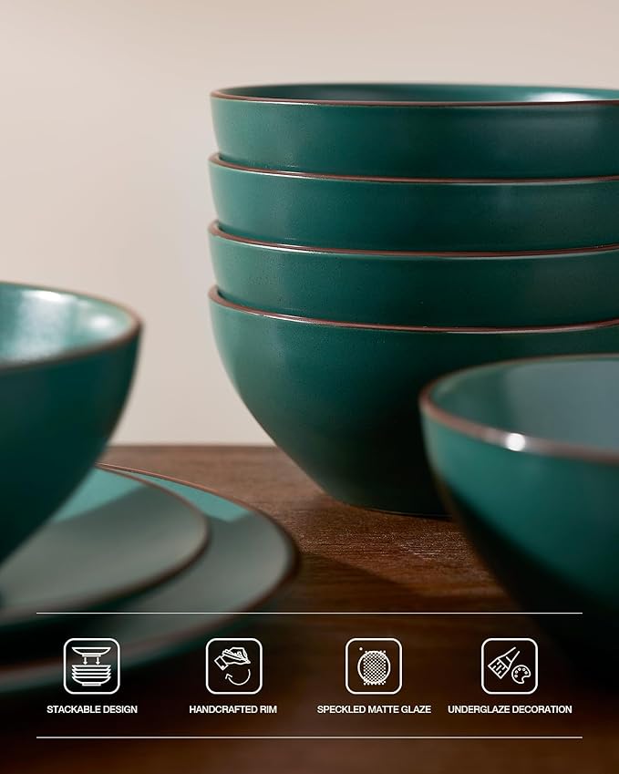 Famiware Venus 24-Piece Stoneware Dinnerware Set for 6 - Includes Pasta Bowls & Dinner Plates with Trim, Dishes for Everyday & Formal Use, Chip Resistant, Microwave & Dishwasher Safe, Matte Dark Green