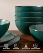 Famiware Venus 18-Piece Plates and Bowls Sets for 6, Stoneware Dinnerware Set with Trim, Modern Minimalist Dishes for Everyday & Formal Use, Chip Resistant, Microwave/Dishwasher Safe, Matte Dark Green