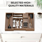 Bamboo-Silverware-Drawer-Organizer-Kitchen, Expandable Utensil Holder Cutlery Tray Flatware Organization Adjustable Wood Tableware Dividers Storage (with Removable Knife Block)(Brown)