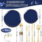 KIRE 175Pcs Blue Plastic Plates - Navy Blue Plates Disposable - 25 for Dinner 25 for Dessert 25 Pre Rolled Napkins with Gold Plastic Silverware and 25 Cups for Birthday/Wedding/Passover/Graduation