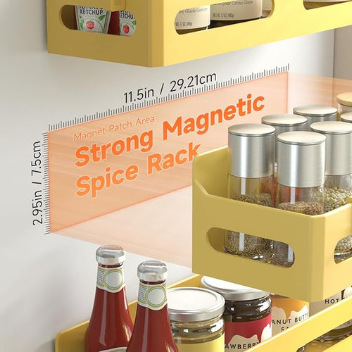 4 Pack Strong Magnetic Spice Rack for Refrigerator, Multipurpose Magnetic Shelf for Fridge with 4 Hooks for kitchen and Bathroom Organization, Yellow