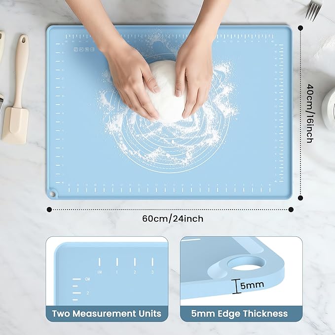 Silicone Baking Mat 24x16 Inches | Extra Thick Dough Rolling Mat with Measurements and Edge Heightening | Non-Stick Food Grade Pastry Mat for Pastry, Bread, Cookies, Pizza, Fondant & Pasta