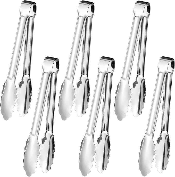 6pcs Stainless Steel Serving Tongs Gold or Silver Plated 9inch Heavy Duty Durable BBQ Clamps Design for Weddings Parties Banquets Buffets Family Gatherings Kitchen Cooking Serving Clip