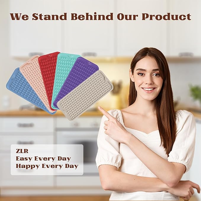 ZLR 2 Pcs Silicone Sponge Holder & Sink Caddy Tray (6" x 17") - Narrow Dish Drying Mat for Kitchen Counter - Waterproof Soap Dispenser Organizer, Non-Slip Bathroom Vanity Tray (Dark Gray)