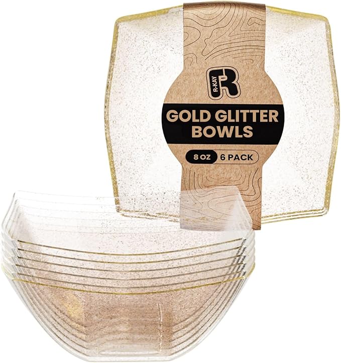 R-kay 6 Pack Gold Small Plastic Serving Bowls 8 oz - Gold Glitter Small Plastic Bowls for Parties, Premium For Weddings Catering And Birthday parties