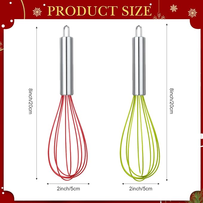 16 Sets 8 Inch Christmas Whisks Gifts DIY Fillable Christmas Tree Ornaments Xmas Colored Silicone Whisks for Cooking Heat Resistant Egg Beaters with Card Rope Bag for Candy Holder