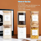6 Pack Square Kitchen Storage Jars with Airtight Bamboo Lids and 132 Pantry Labels - 35oz Glass Canisters With Wood Lids - Food Storage Containers for Coffee, Cookie, Tea, Spice