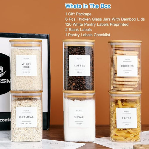 6 Pack Square Kitchen Storage Jars with Airtight Bamboo Lids and 132 Pantry Labels - 35oz Glass Canisters With Wood Lids - Food Storage Containers for Coffee, Cookie, Tea, Spice