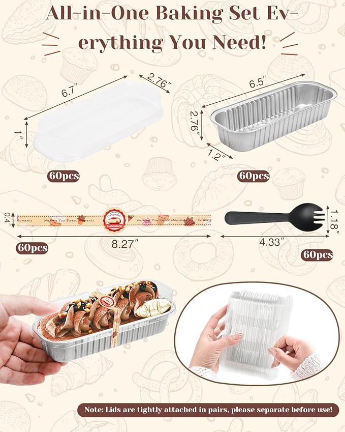 100 Pack Mini Loaf Pans with Lids, Spoons & Stickers – Disposable Aluminum Foil Baking Cake Containers for Oven, Air Fryer & Freezer – Ideal for Cakes, Bread, White Valentines Tins, Sliver