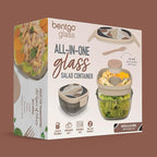 Bentgo Glass Prints Salad Container - 7.6-Cup Tinted Glass Salad Bowl with Airtight Lid, Leak-Proof Sauce Container, 4-Compartment Bento Meal Prep Tray & Reusable Fork (Inky Abstract - Neutrals)