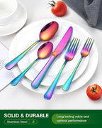 40 Piece Rainbow Silverware Set, Stainless Steel Flatware Set for 8 Colorful Cutlery Utensil Set Include Knife Fork Spoon Food Grade Mirror Polished Dishwasher Safe