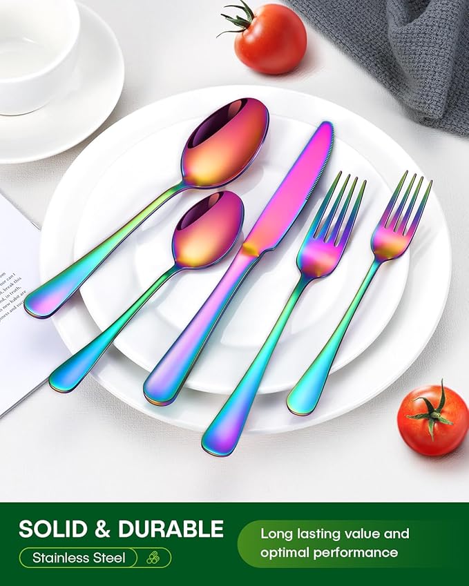 20 Piece Rainbow Silverware Set, Stainless Steel Flatware Set for 4 Colorful Cutlery Utensil Set Include Knife Fork Spoon Food Grade Mirror Polished Dishwasher Safe
