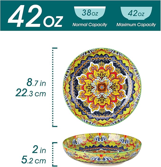 vancasso Pasta Bowls Set of 4, Ceramic Salad Serving Bowls, 42Oz Large Pasta Bowls, 8.7 in Colorful Bowl Plates for Soup, Bohemian Shallow Bowls for Kitchen, Microwave & Dishwasher Safe