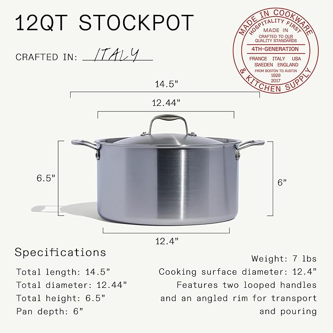 Made In Cookware | 12 Quart Stainless Steel Stock Pot With Lid | 5 Ply Stainless Clad | Professional Cookware | Crafted in Italy | Induction Compatible