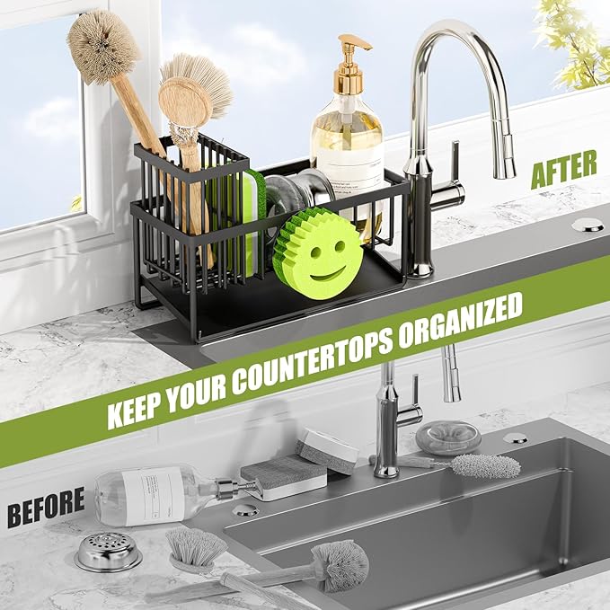 MURLONG Kitchen Sink Organizer,Sink Caddy Organizer with Removable Brush Holder,Self-Draining Countertop Organizers and Storage Essentials,Home Decor and Kitchen Gadgets-Black
