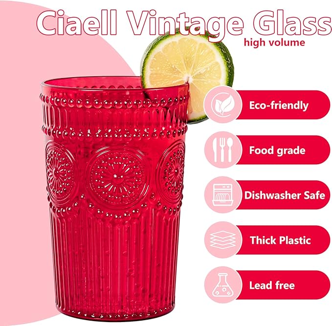 Ciaell 12 Pack Romantic Plastic Water Glasses - 14 Oz Red Vintage Drinking Glasses, Embossed Ribbed Plastic Cups, Textured Striped Set for Juice, Beverages, Beer, Cocktail