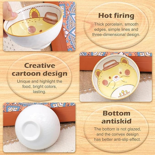 6 PCS Ceramic Rice Bowls, Cute Cartoon Small Dessert Bowl, Cereal Bowls Serving Bowl Gift Set, for Oatmeal, Ice Cream, Salads, Soups