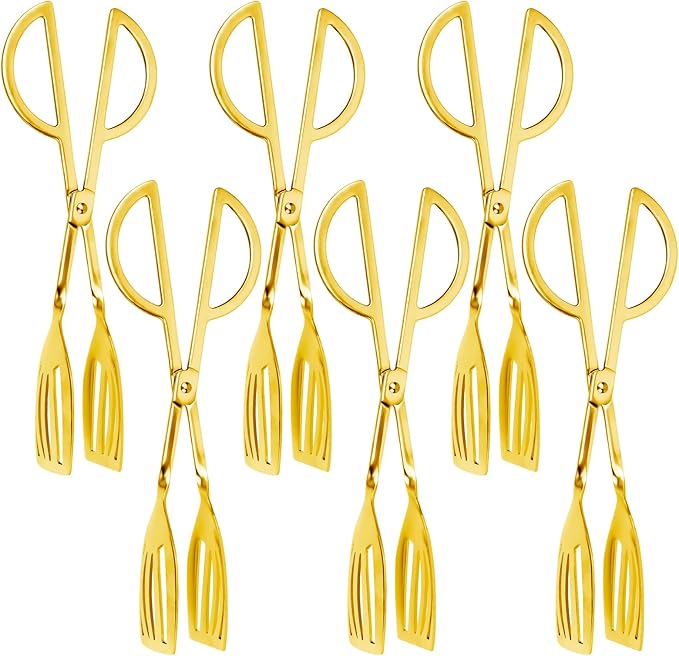 6PCS 9.8-Inch Stainless Steel Salad Tongs for Serving Heavy Duty Serving Tongs for Home Parties, Weddings, Buffets, Barbecues, Kitchen Utensils for Cake, Steak, Salad and More (6, Gold)
