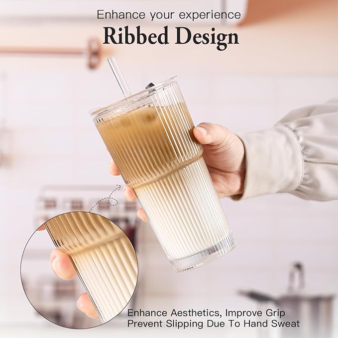4PCS Ribbed Glass Cups with Lids and Straws, 20oz Vintage Drinking Glasses, Aesthetic Iced Coffee Cups, Glass Tumbler for Boba, Beer, Tea, Cocktails, Ribbed Glassware Set,Clear