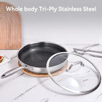 DELARLO Tri-Ply Stainless Steel Pan, 18/10 Frying Pan, Oven Safe Up to 600°F, Nontoxic Cookware, Compatible with All Cooktops Skillet, Durable, Fast Even Heat Fry Pan,12" Hybird Pan