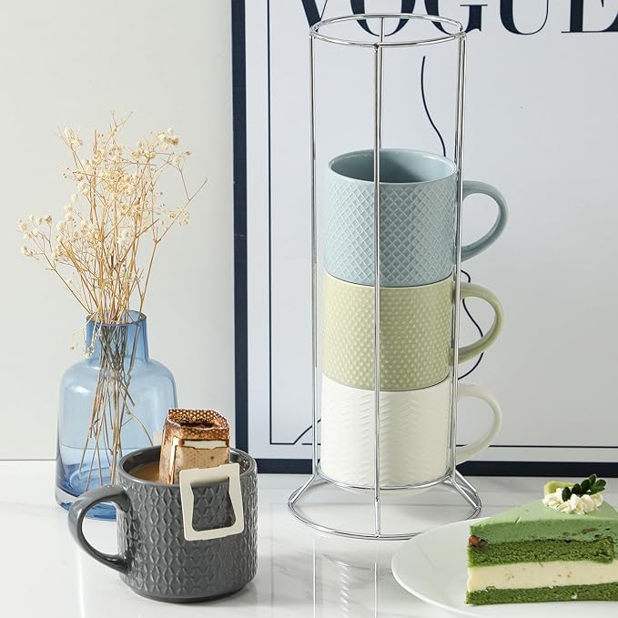 HASENSE 12 OZ Coffee Mugs Set of 4, Stackable Ceramic Coffee Mugs with Metal Stand, Embossed Coffee Cups for Latte, Cappuccino, Mocha, Cocoa, Hot Tea and Milk, Multi Color