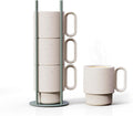 LIBKEN Stackable Coffee Mug Set with Green Stand Rack 4x8oz Ceramic Mugs with Unique Sprinkled Optics - Powder Coated Metal Rack for Space Saving Storage - Dishwasher-Safe - Microwave & Oven Use