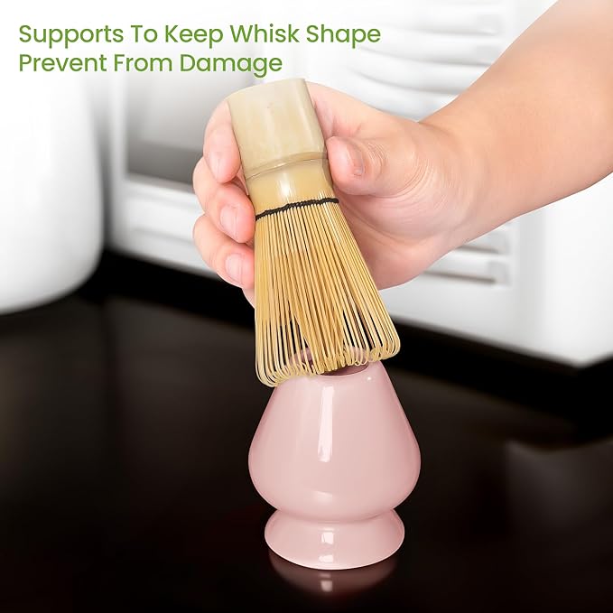 Matcha Whisk Set and Bowl, Matcha Making Kit Whisk, Bowl With Spout, Sifter, Ceramic Whisk Holder, Spoon Japanese Tea Powder Starter Tools For Ceremony Gift (Pink, 9 Pack)