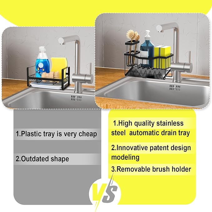 Fssvcd Maifan Sink Caddy Sponge Holder for Kitchen with Brush Holder and Stainless Steel Self Drain Tray, Rustproof Kitchen Sink Organizer for Sponge, Soap Dispenser Storage Accessories
