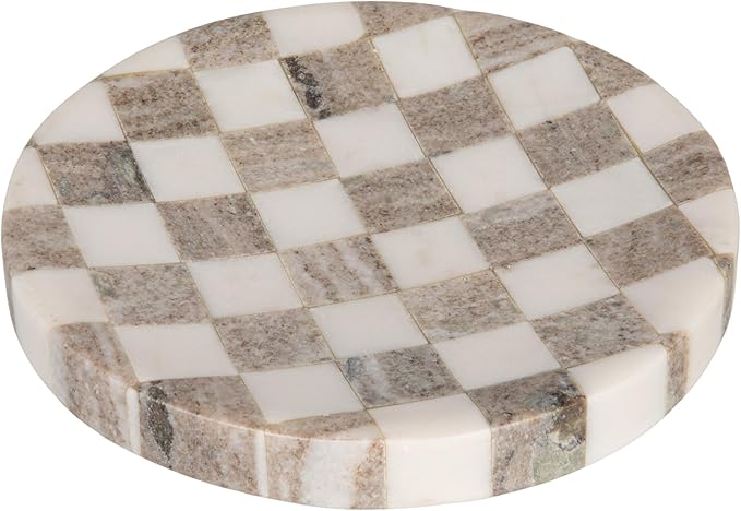 Bloomingville Round Marble Checkered Cheese and Serving Tray, Buff Color and White