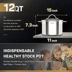 Stock Pot 12 Quart, 18/10 Tri-Ply Stainless Steel Whole Clad Stock Pot with Lid, Seamless 12 QT Cooking Pot with Copper Handle, Healthy Stockpots, Induction, Gas, Oven and Dishwasher Safe