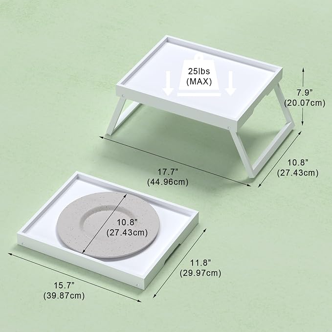 2 Pack Bed Tray Table with Foldable Legs, Bamboo Breakfast Tray for Sofa, Beds, Eating, Working, TV Table, Food, Dinner, Computer Trays, Laptop Desk Snack Folding Trays in Bed, White