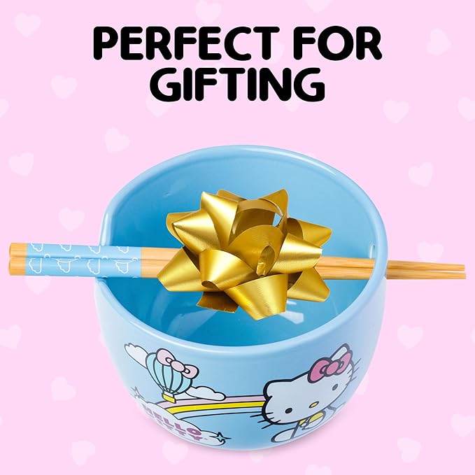 Silver Buffalo Sanrio Hello Kitty Rainbow Ceramic Ramen Bowl with Chopsticks, 20 Ounces