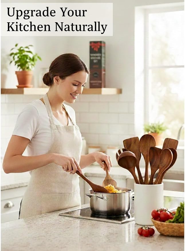 10-Piece Natural Teak Wood Utensil Set - Nonstick Cooking Spoons & Spatulas, Heat Resistant Kitchen Tools