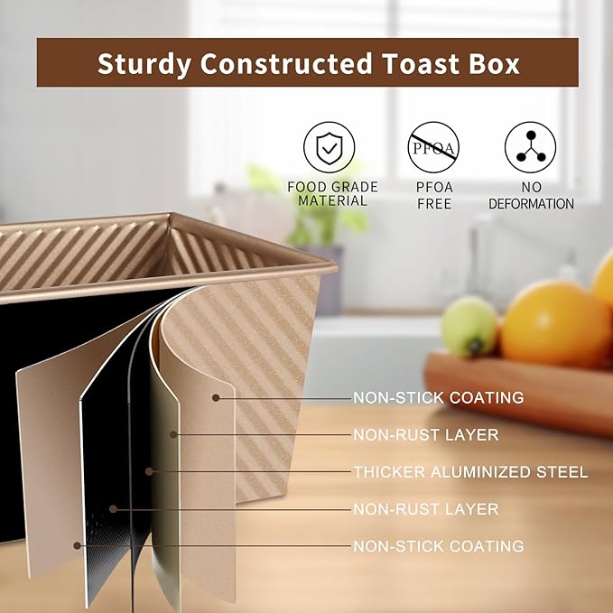 Pullman Loaf Pan with Lid - 2 Pack 2.2LB & 1LB Dough Capacity Nonstick Bread Pans for Homemade Sandwich, Toast & Sourdough Bread, 13x5 & 8x4 Corrugated Bread Loaf Pan with Cover, Golden
