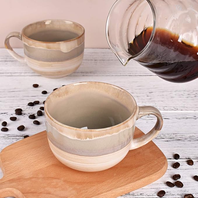 Bosmarlin Large Ceramic Coffee Mug Set of 2, Stoneware Jumbo Latte Mugs for Office and Home, 16 Oz, Dishwasher and Microwave Safe(Brown Grey, 2)